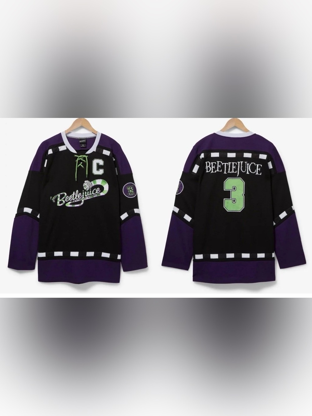 NWT BoxLunch Beetlejuice Lace-Up Mesh Pullover Hockey Jersey Mens L Black Purple